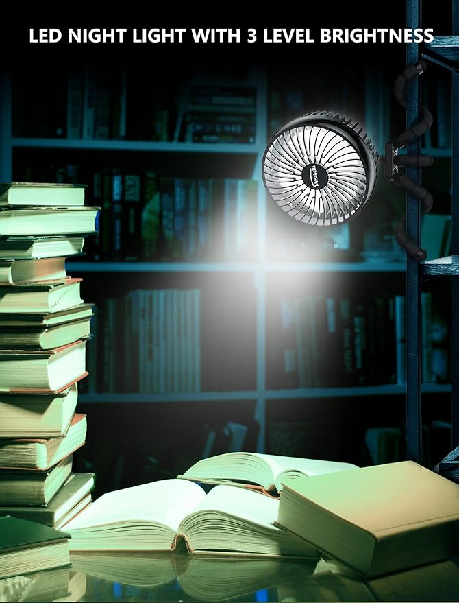 10000 mAh Portable Stroller Fan, 3-Mode LED Clip-On with Flexible and Detachable Tripod, Rechargeable Desk Fan 4-Speed & 63H Runtime, USB Powered,Quiet, 360° Adjustable for Car/Camping/Office/Home