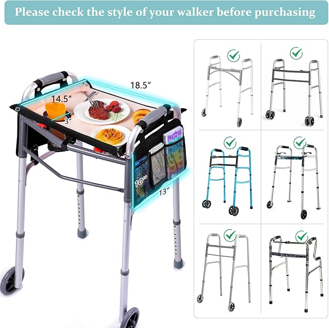 BAGSFY Walker Tray with Cup Holder & 2 Side Pockets, Folding Walker Table for Seniors | Sturdy, Easy-Clean Tray with PEVA Surface | Universal Fit for Standard Walkers, Walker Accessory for Elderly