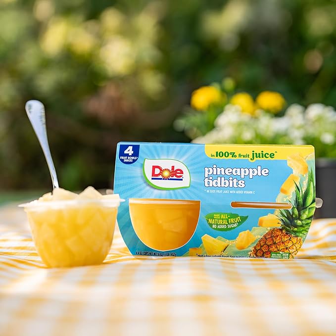 Dole Pineapple Tidbits in 100% Juice - Dole Fruit Bowls Snacks - 4 oz Fruit Bowls - 12 Pack