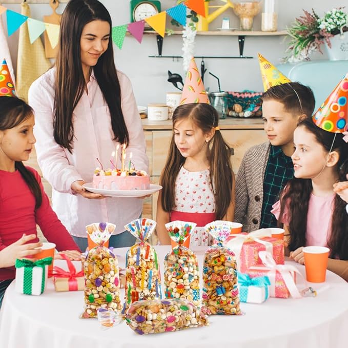 100 PCS Happy Birthday Cellophane Treat Bags(5.1x10.6 Inch) with Ties Colorful Plastic Goodie Candy Cookie Goody Loot Gifts Bags Bulk Pouches for Birthday Party Favors Supplies Decorations for Kids