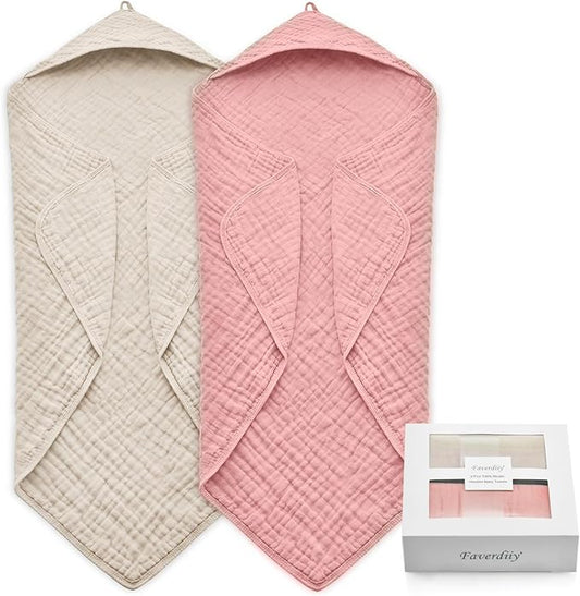 Hooded Baby Towels for Newborn, 35x35 Inch 2 Pack 100% Muslin Cotton Baby Bath Towel, Soft Baby Beach Towels with Hood for Infants, Toddlers and Kids, Essentials Must Haves Dusty Pink+ Beige