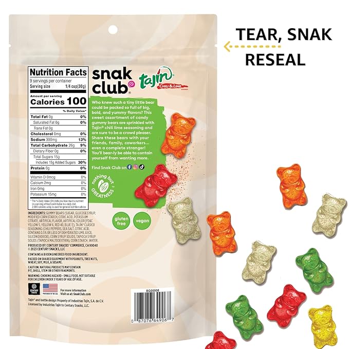 Snak Club Gummy Bears, Tajin Chili & Lime Sweet and Spicy Gummy Candy, Mild in Heat Bold in Flavor, Low-Fat, Vegan, Gluten-Free Snack, 9 oz Large Resealable Bag (Pack of 2)