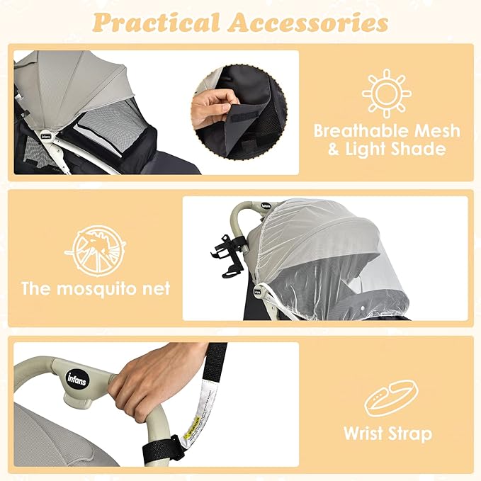 INFANS Lightweight Baby Stroller, Compact with One-Hand Fold, Travel Stroller for Airplane with Cup Holder, 5-Point Harness, Foot Cover, Canopy, Infant for 0-36 Month (Grey)