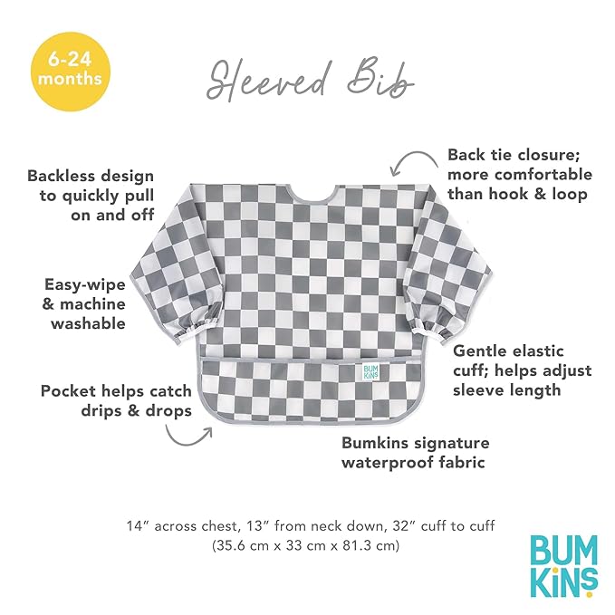 Bumkins Sleeved Bib for Girl or Boy, Baby and Toddler for 6-24 Mos, Essential Must Have for Eating, Feeding, Baby-Led Weaning Supplies, Long Sleeve Mess Saving Food Catcher, Fabric, Gray Check