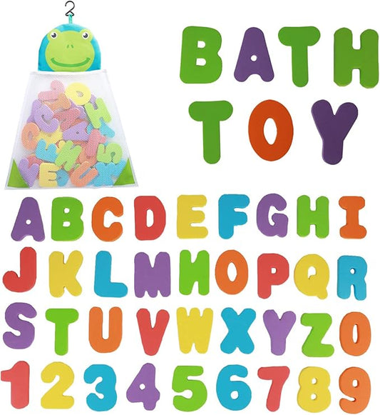 Bath Toys Organizer + 36 Soft Foam ABC 123 Letters & Numbers Bathroom Alphabet Baby Toys for Early Learning Foam Letters and Quick Dry Storage Net Bag