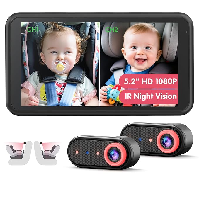 BM2 PRO Dual Baby Car Camera, 5.2" 1080P HD Display for Rear-Facing Car Seats, IR Night Vision, Anti-Shake Mount, Easy Install – Ideal for Parents with 2 Kids and Pets