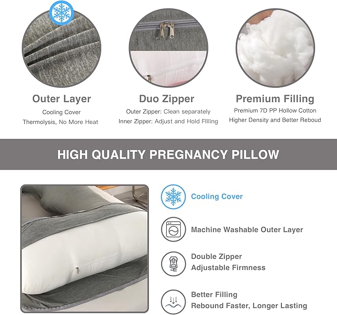 Pregnancy Pillow, Full Body Maternity Pillow 57 inch, with Removable Washable Cover - Sleep Support for Legs, Back, Neck, Shoulder, HIPS, Belly for Pregnent Women (Cooling Cover)