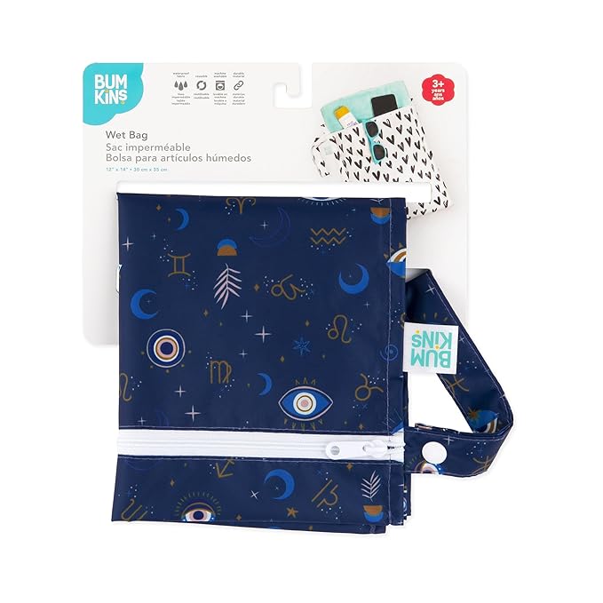 Bumkins Waterproof Wet Bag for Baby, Travel, Swim Suit, Cloth Diapers, Pump Parts, Pool, Beach, Gym Clothes, Toiletry, Hook to Stroller, Daycare, Zipper Reusable Wetdry Packing Pouch, Evil Eye