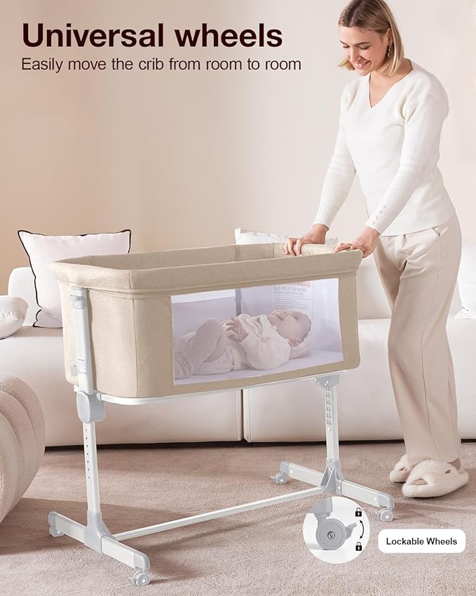 Larex Baby Bassinet, 3 in 1 Bassinets Bedside Sleeper for Newborn, Portable Crib Adjustable 7 Height Bedside Bassinet with Mattress and Wheels Khaki