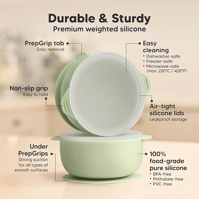 KeaBabies 2-Pack Baby Bowls with Suctions, Lids - Silicone Toddler Suction Bowls for Baby Boy, Girl, Kids, Food Grade Silicone, BPA-Free, Dishwasher Safe, Toddler Eating Essentials (Sage)