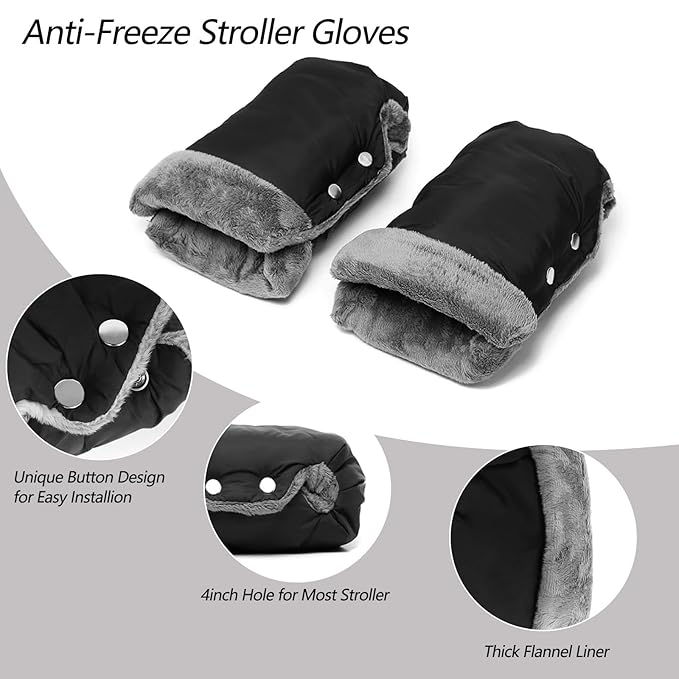 Baby Stroller Gloves, Extra Thick Stroller Hand Muff Winter Waterproof Stroller Mittens Universal Anti-Freeze Gloves for Parents Caregivers Carriage (Black)