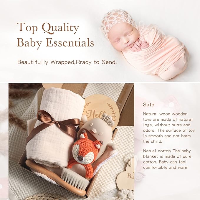 YOUUYS Baby Gift Set for Newborn - Baby Essential Bath Basket Gift Set with Baby Blanket Baby Rattle Teether Toy & Hair Brush Newborn Shower Gift for Baby Girls Boys 6PCS (Orange Fox)