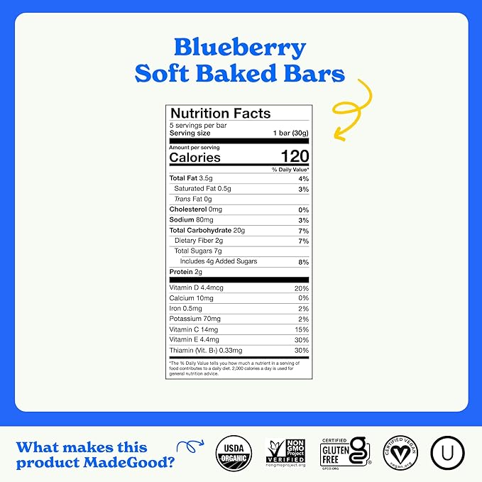 MadeGood Mornings Soft Baked Breakfast Bars, Blueberry, 1.06 Oz (30 Count) Gluten Free Snacks