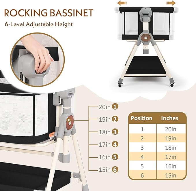Baby Bassinet,Rocking Bassinet with Waterproof Sheet,3 in 1 Baby Bassinets Bedside Sleeper,6 Height Adjustable Bedside Bassinet for Newborn(Black)