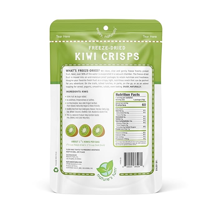 Nature’s Turn Freeze-Dried Fruit Crisps – Healthy, Gluten-Free, Crispy & Delicious, Plant-Based Snack, Ideal for Cereal, Smoothies, School Lunches, & On-the-Go, Sour Kiwi, Pack of 12 (0.53 oz Each)