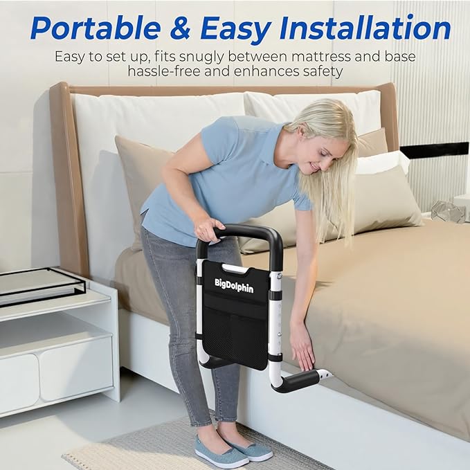 Bed Rails for Elderly Adults 2026 Upgrade - ASTM Compliant, Adjustable Bed Cane with Non-Slip Ergonomic Handle & Storage Pocket, Bed Railings for Seniors Hold up to 350 LBS, Tool-Free
