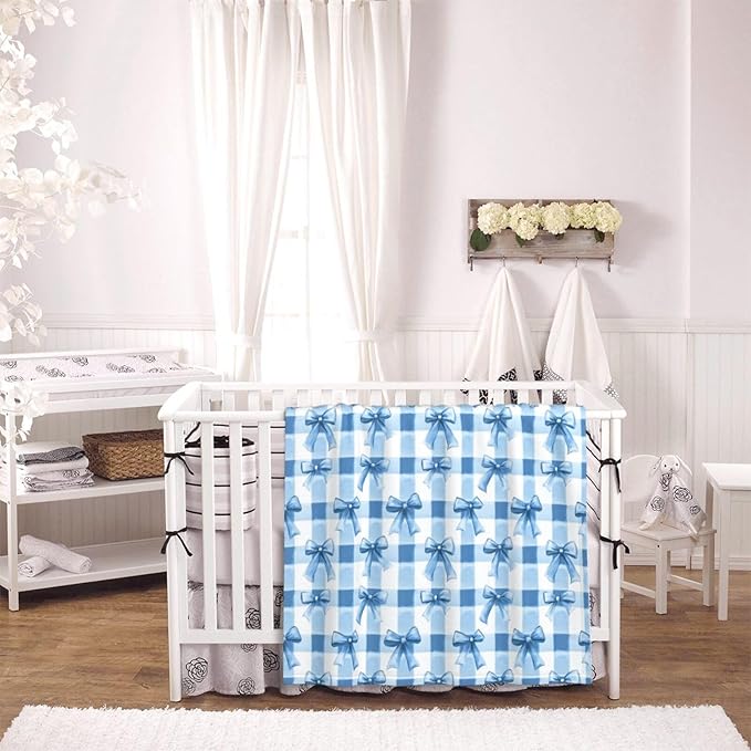 Baby Blanket Blue Bows Check for Boy Girl Newborn 30x40 Inch Toddler Infant Nursery Throw Blankets Double Layer Comfy Soft Plush Stroller Crib Quilt