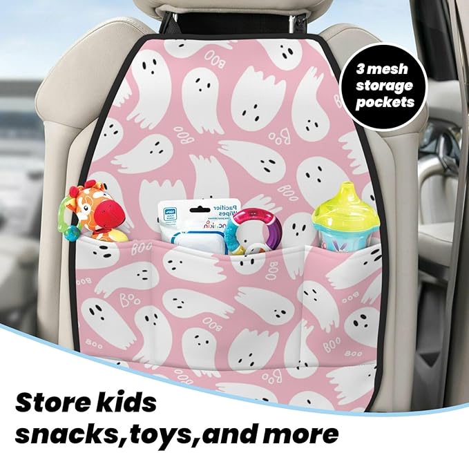 Pink Cute Ghost Car Kick Mats Back Seat Protector 2 Pack Auto Seat Back Covers with 3 Organizer Travel Accessories Universal Vehicle Interior from Dirt, Mud