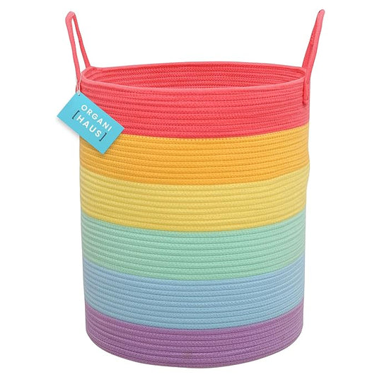 OrganiHaus Tall Rainbow Rope Blanket Basket for Living Room Decor, Cute Woven Baby Laundry Basket, Baby Nursery Hampers for Toys, Kids Laundry Hamper for Dirty Clothes, Decor for Kids Classroom