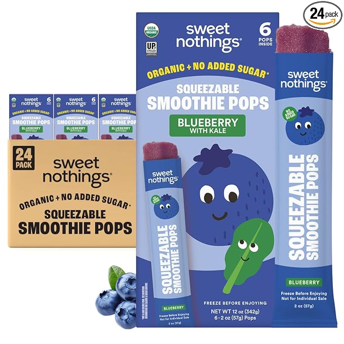 Sweet Nothings, Blueberry, USDA Organic Kids' Squeezable Super Fruit Smoothie Freezie Pops, Value Pack of 24 - Dye-Free, No Added Sugar, Dairy-Free, Vegan, Healthy Organic Fruit and Veggie Pops, Freeze & Enjoy