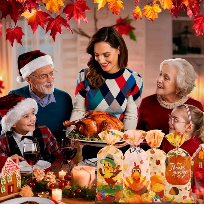 100 PCS Fall Treat Bags(5.1x10.6 Inch) with Ties Thankgiving Turkey Goodie Candy Gifts Bags Bulk Autumn Pouches for Thanksgiving Home Party Favors Supplies Decorations Friendsgiving Cellophane Bag