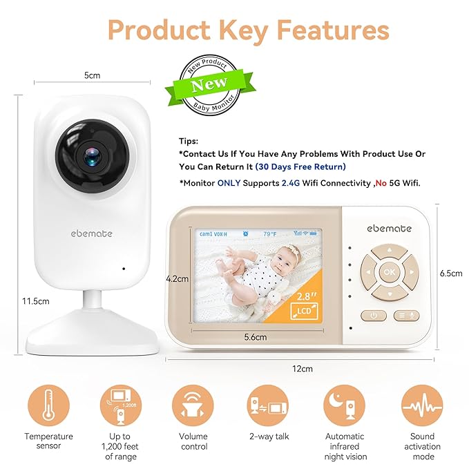 ebemate Video Baby Monitor Camera with 2.8" LCD Screen Video & Audio No Glow Night Vision,2-Way Talk Audio Cam Baby Monitoring 1200FT Range EBE28