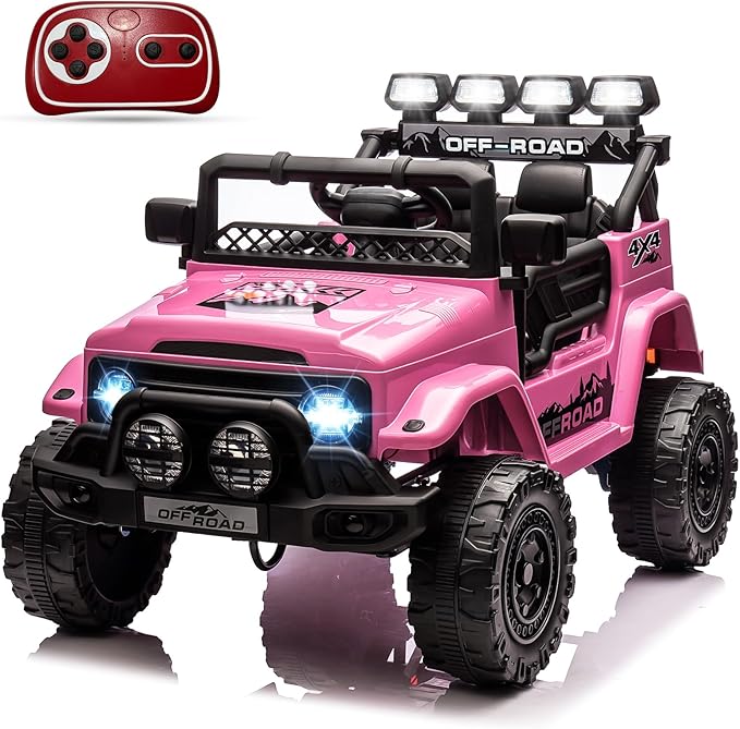 GarveeLife 12V Kids Ride On Car, Ride On Toy for Kids Ages 37-96 Months, Electric Truck with 5MPH Max Speed, Remote Control, Steering Wheel, Accelerator Pedal, Treaded Tires, Music and Story, Pink