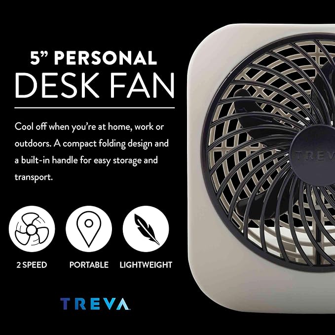 O2COOL Treva 5 Inch Battery Powered Fan Portable Desk Fan 2 Cooling Speeds with Compact Folding & Tilt Design Cubicle Accessories Small Portable 2 Pack (Grey)