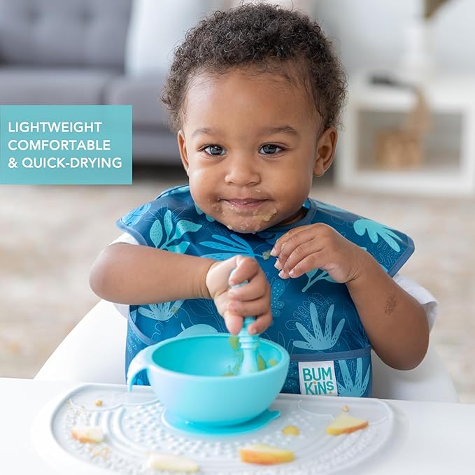 Bumkins - SuperBibs + Sleeved Bib - For Boys & Girls, Babies & Toddlers 6-24 Months - Lightweight, Durable, Waterproof - Catch-All Pocket - Wipeable & Machine Washable - Always Hangry Dinosaur -3 Pack