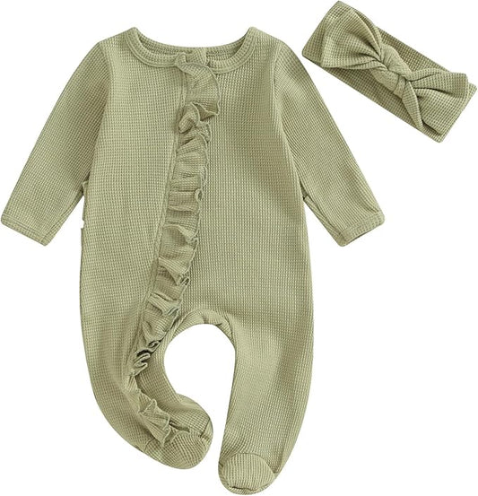 Fanvereka Newborn Infant Baby Girl Fall Outfit Romper 3 6 12 Months Girls Long Sleeve Full Length Zipper Footie Headband