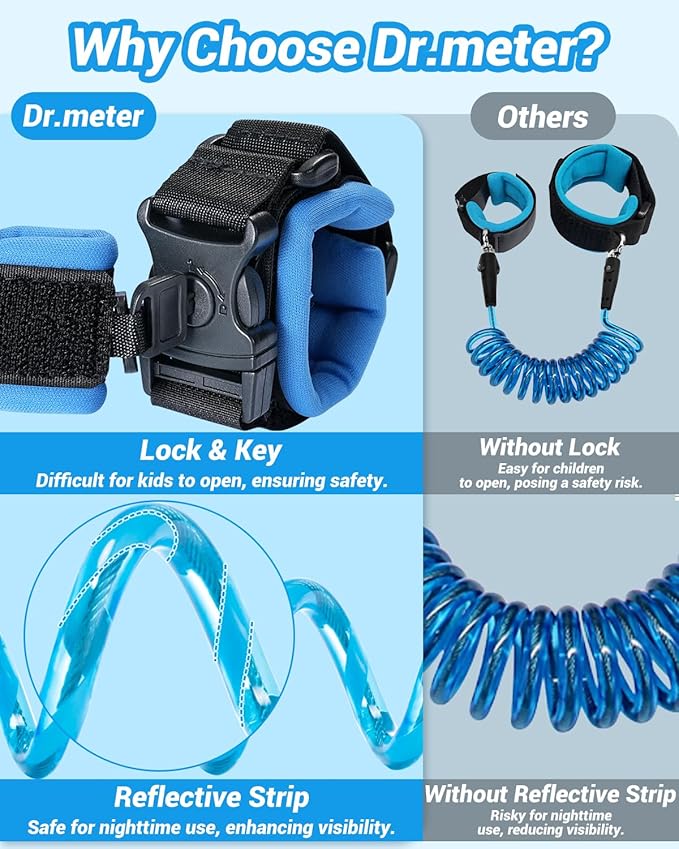 Dr.meter Toddler Leash, 2 Pack Safety Anti Lost Wrist Link with Key Lock, Reflective Child Walking Harness, 8.2ft Blue + 4.92ft Orange Kids Leash for Supermarket Mall Airport Amusement Park Zoo Travel