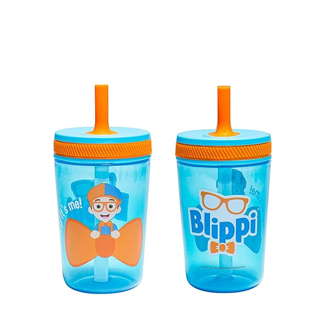 Zak Designs Blippi Kelso Toddler Cups For Travel or At Home, 15oz 2-Pack Durable Plastic Sippy Cups With Leak-Proof Design is Perfect For Kids (Blippi)