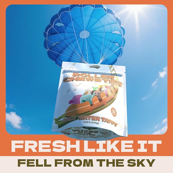 Snackathon Salt Water Taffy Assorted Mix – Roller Chewster Edition, 10-Flavor Carnival Variety, Individually Wrapped Soft & Chewy Gourmet Candy, Unique 15 oz Funfair-Themed Bag for Gifting