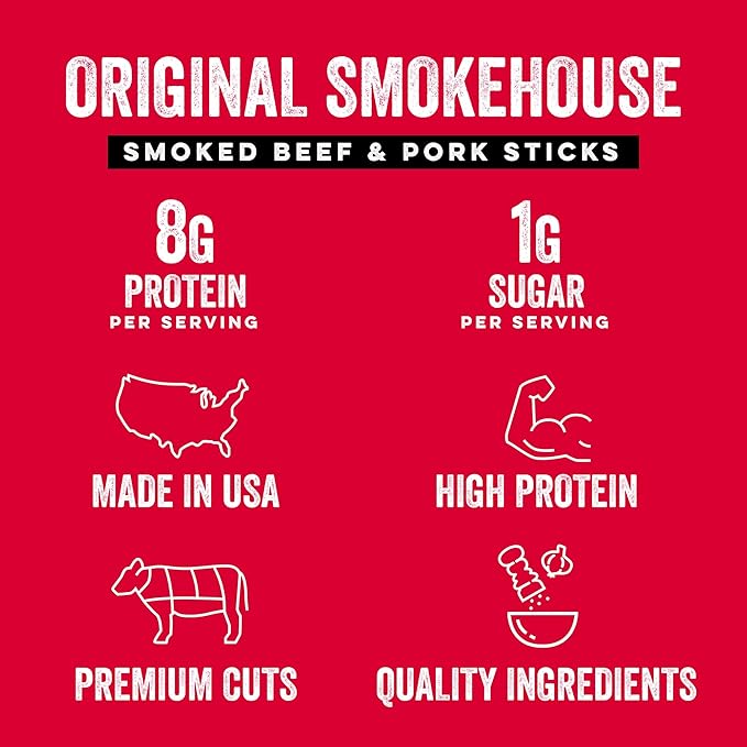 Chef's Cut Smoked Beef and Pork Jerky Meat Sticks, Original Smokehouse (1 Ounce Stick, Pack of 12) - High Protein, 8g Protein, 90 Calories, Gluten-Free, Individually Wrapped, Keto Friendly Snack, Low Carb Snack