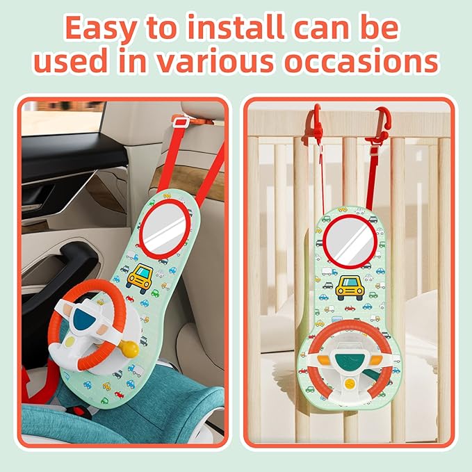 COVTOY Baby Car Seat Toys for Infants with Mirror, Steering Wheel, Music Lights, Driving Sounds - 6-12 Months