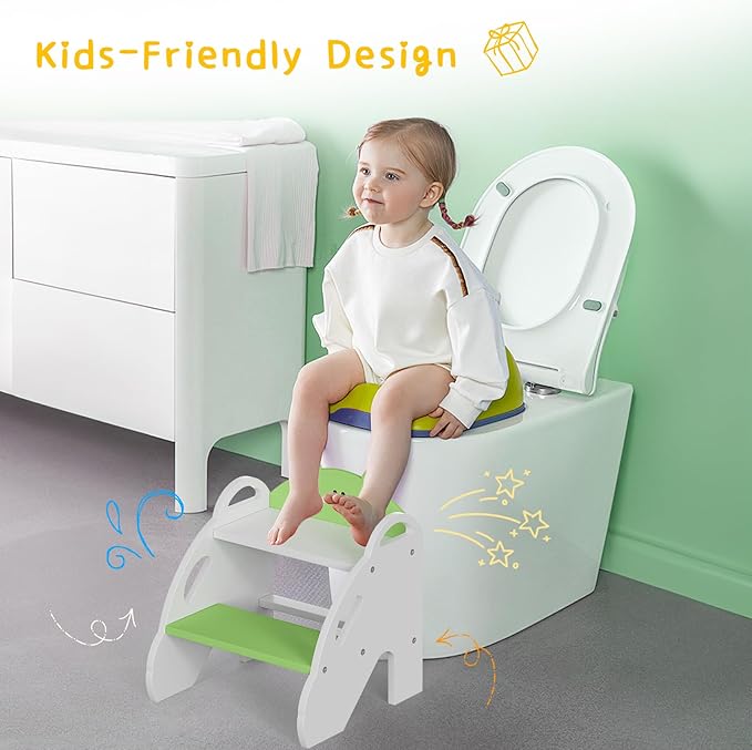 Frog-Themed Toddler Step Stool, 2-Step Stool for Bathroom Sink & Potty Training, Kids Kitchen Helper Stool with Safety Handles (Natural Wood, 120lbs Capacity)(Green)