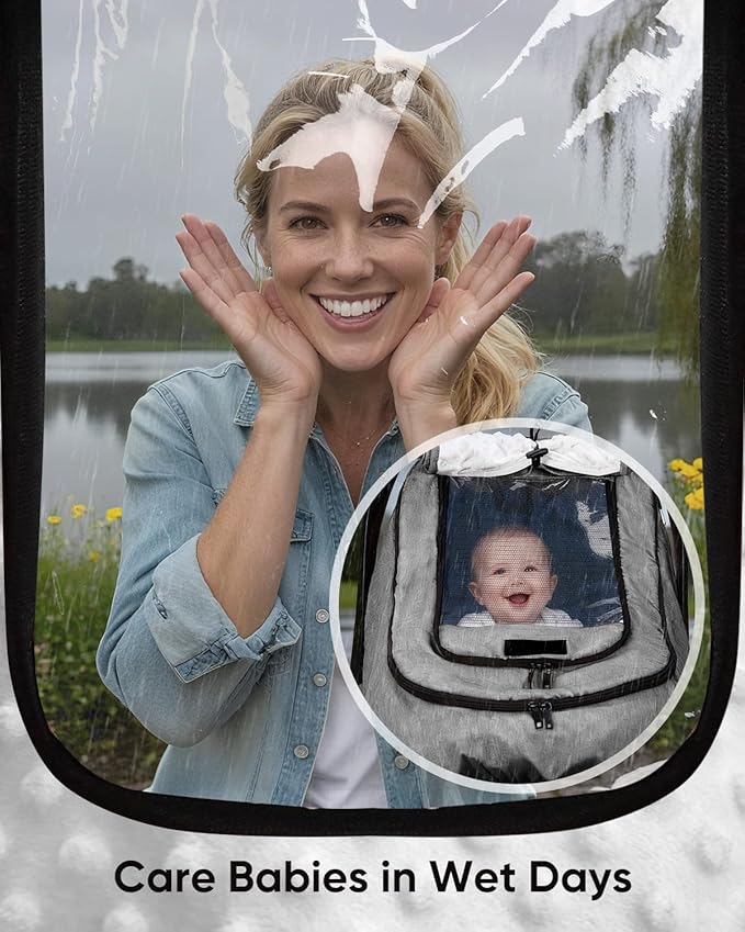 Waterproof Car Seat Cover for Baby, 2-Layer Car Seat Rain Cover with Clear Window & Sunshade & Mesh Cover, Universal Infant Carseat Canopy for Stroller, Protect from Rain and Snow - Gray