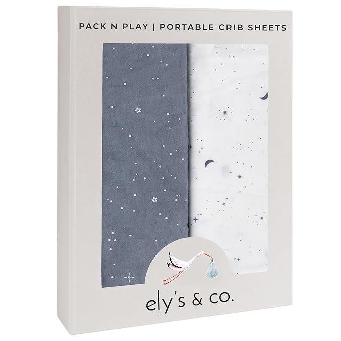 Ely’s & Co. Pack and Play Sheets, for Mini/Portable Crib, 2 Pack Fitted Playpen Play Yard Sheet Set Compatible with Graco Pack n Play, for Baby Boys, 100% Cotton, Celestial Blue Print, 38”x24”x5”