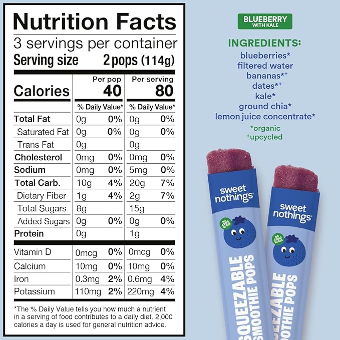 Sweet Nothings, Blueberry, USDA Organic Kids' Squeezable Super Fruit Smoothie Freezie Pops, Value Pack of 24 - Dye-Free, No Added Sugar, Dairy-Free, Vegan, Healthy Organic Fruit and Veggie Pops, Freeze & Enjoy