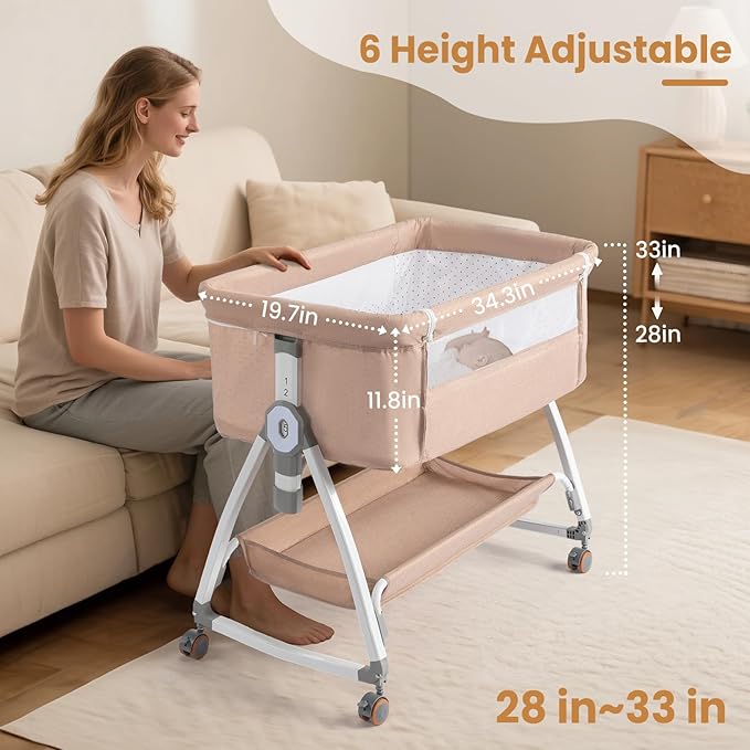 JOYMOR 3 in 1 Baby Bassinet, Bedside Bassinet for Baby, with Comfy Mattress and Wheels, 6 Height Adjustable Easy Folding Portable Bedside Crib for Newborn (Beige)