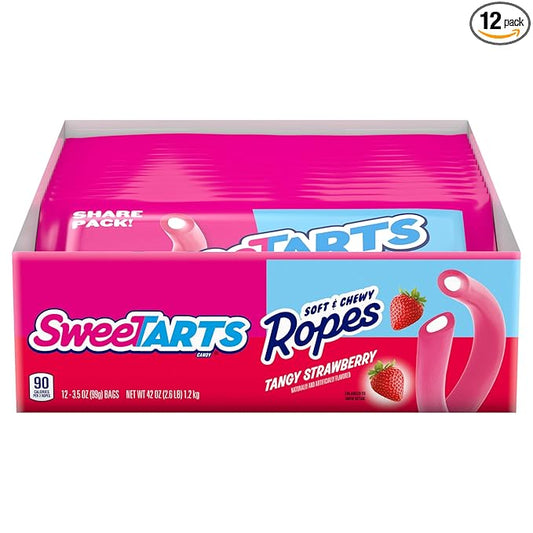 SweeTARTS Ropes, Candy, Tangy Strawberry, Soft and Chewy, 3.5 oz (Pack of 12)