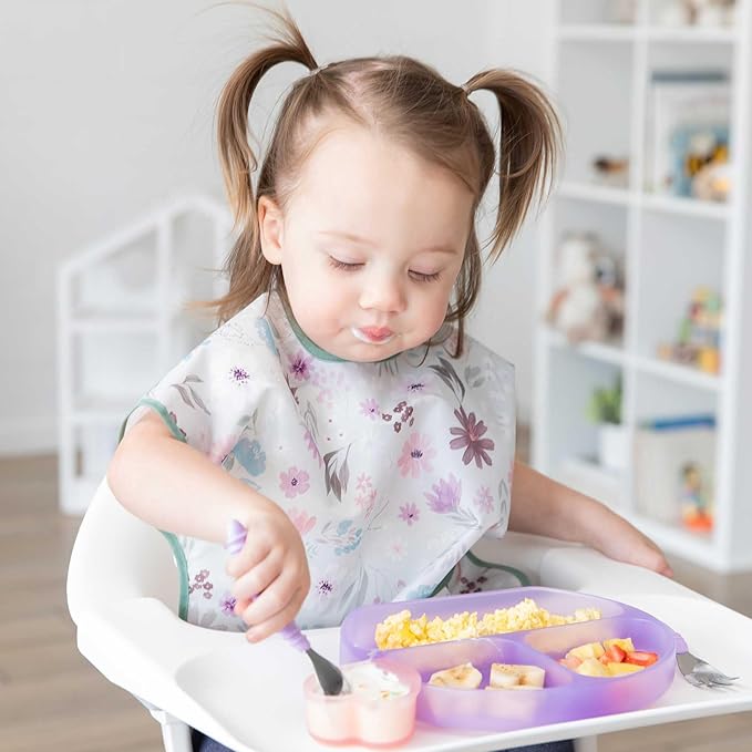 Bumkins - Junior Bib - For Boys & Girls, Toddlers & Kids 1-3 Years - Lightweight, Durable, Waterproof - Short Sleeve Bib - Catch-All Pocket - Wipeable & Machine Washable - Floral & Lace - 2 Pack