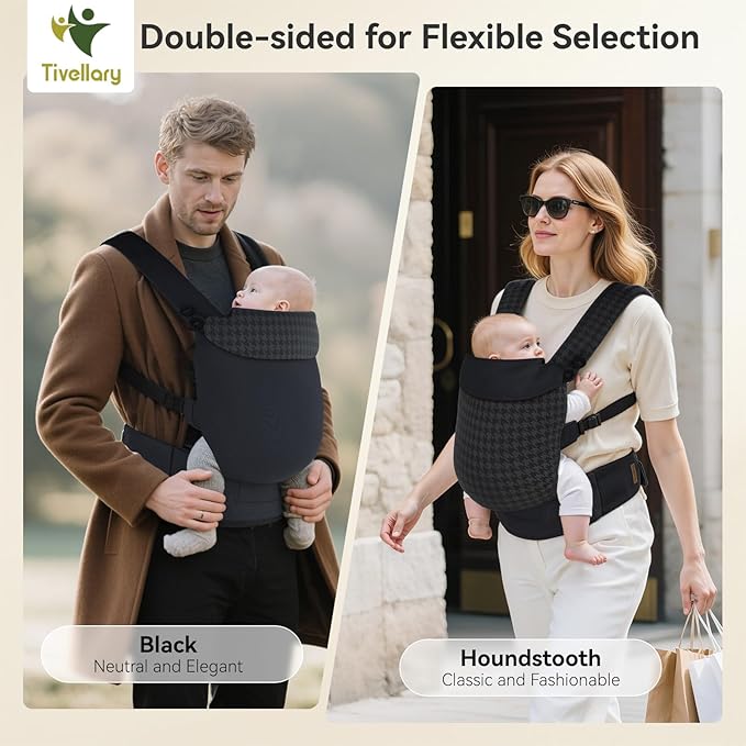 Reversible Baby Carrier – Black Solid & Houndstooth; Lightweight, Cooling & Breathable Lyocell Fabric; Ergonomic Lumbar Support and Quick Hands-Free Wear for Newborn to Toddler (7–44 lbs)
