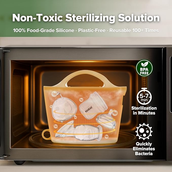 Haakaa On-The-Go Silicone Microwave Steam Sterilizer Bags for Travel, 40oz/1250ml Reusable Silicone Steaming Bags for Baby Bottles, Breast Pump, Accessories, Pacifiers, Teethers, Pineapple/2PCS