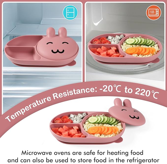 Silicone Baby Plate ,Toddler plates,Self-feeding of infants after weaning , 100% Food Grade Silicone, BPA Free, Including Fork and Spoon, Baby Plates With Suction, Divided Plate for Babies (pink)