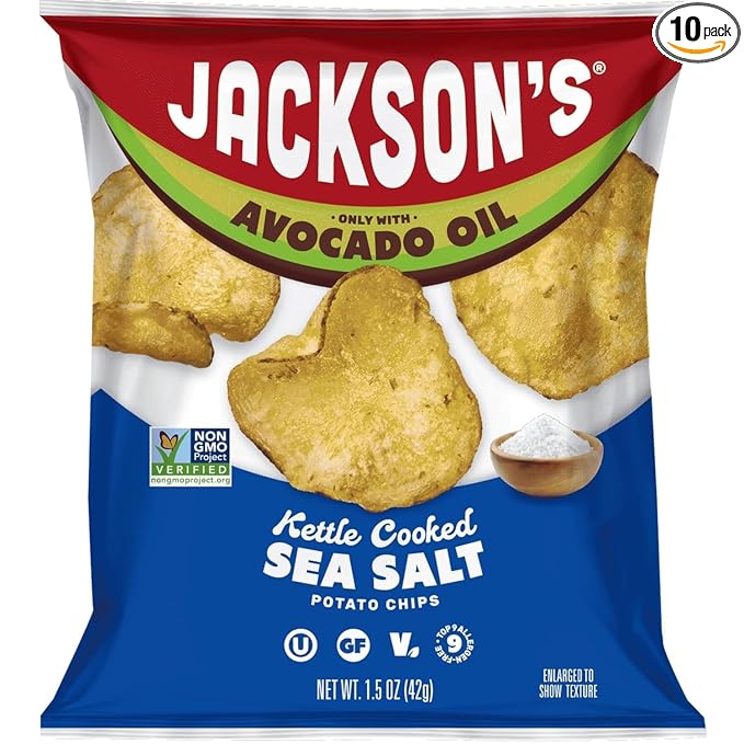Jackson’s Potato Classic Kettle Chips with Sea Salt (1.5oz, Pack of 10) - Made with Premium Avocado Oil - Allergen-friendly, Gluten Free, Peanut Free, Vegan, Kosher - Shark Tank Product