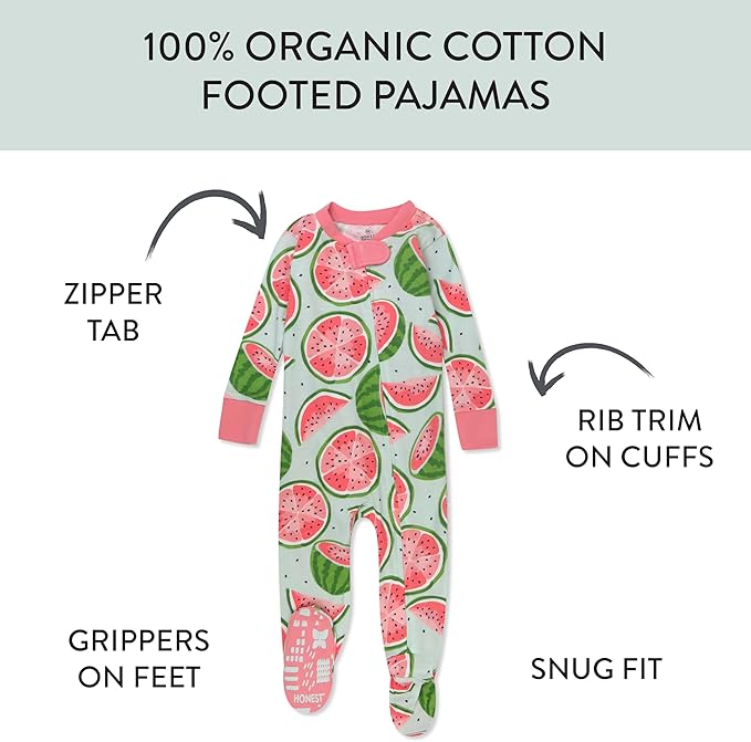 HonestBaby Non-Slip Footed Pajamas One-Piece Sleeper Zip-Front Pjs 100% Organic Cotton for Baby Girls