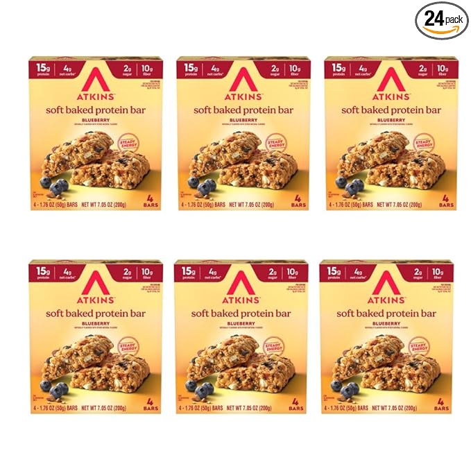 Atkins Soft Baked Protein Bars, Blueberry, 15g Protein, 2g Sugar, Excellent Source of Fiber, Low Carb, 6 Packs (4 Bars Each)