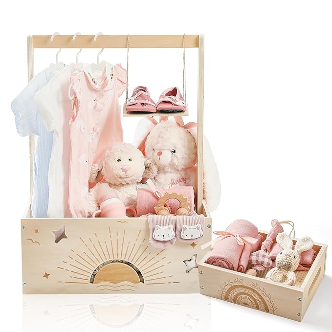 Wooden Baby Shower Crate Closet Set with 10 Hangers, Baby Clothing Rack,Shower Party Basket with Handle and Swing, Large Capacity Baby Storage Crate, Newborn Baby Gifts Basket for New Parent ( 2 PCS)