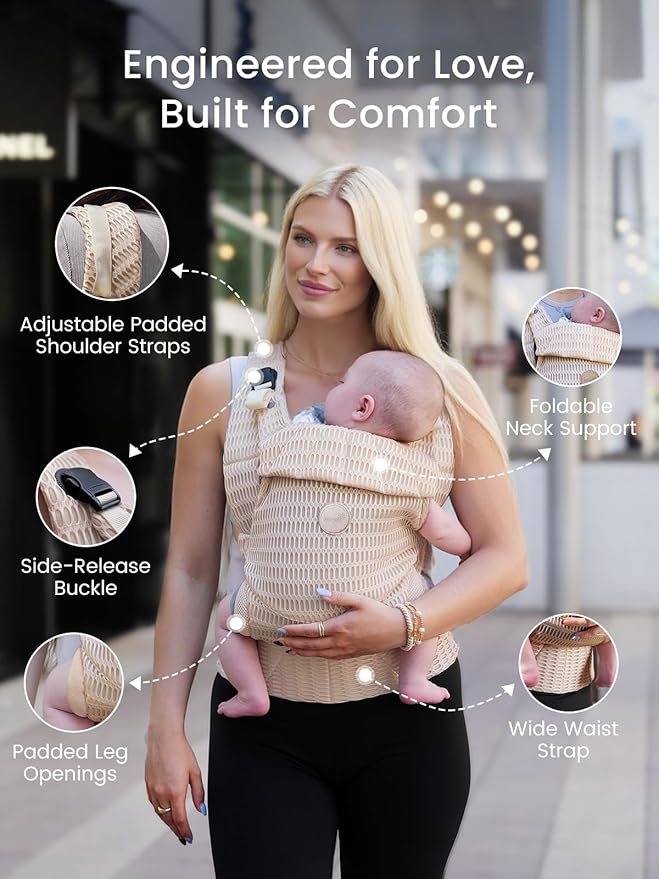 Grownsy Baby Carrier Newborn to Toddler (7-44lbs), Ergonomic & Cozy Wraps with One-Click Buckle, Mesh & Head Support for Hands-Free Comfort, Almond Beige